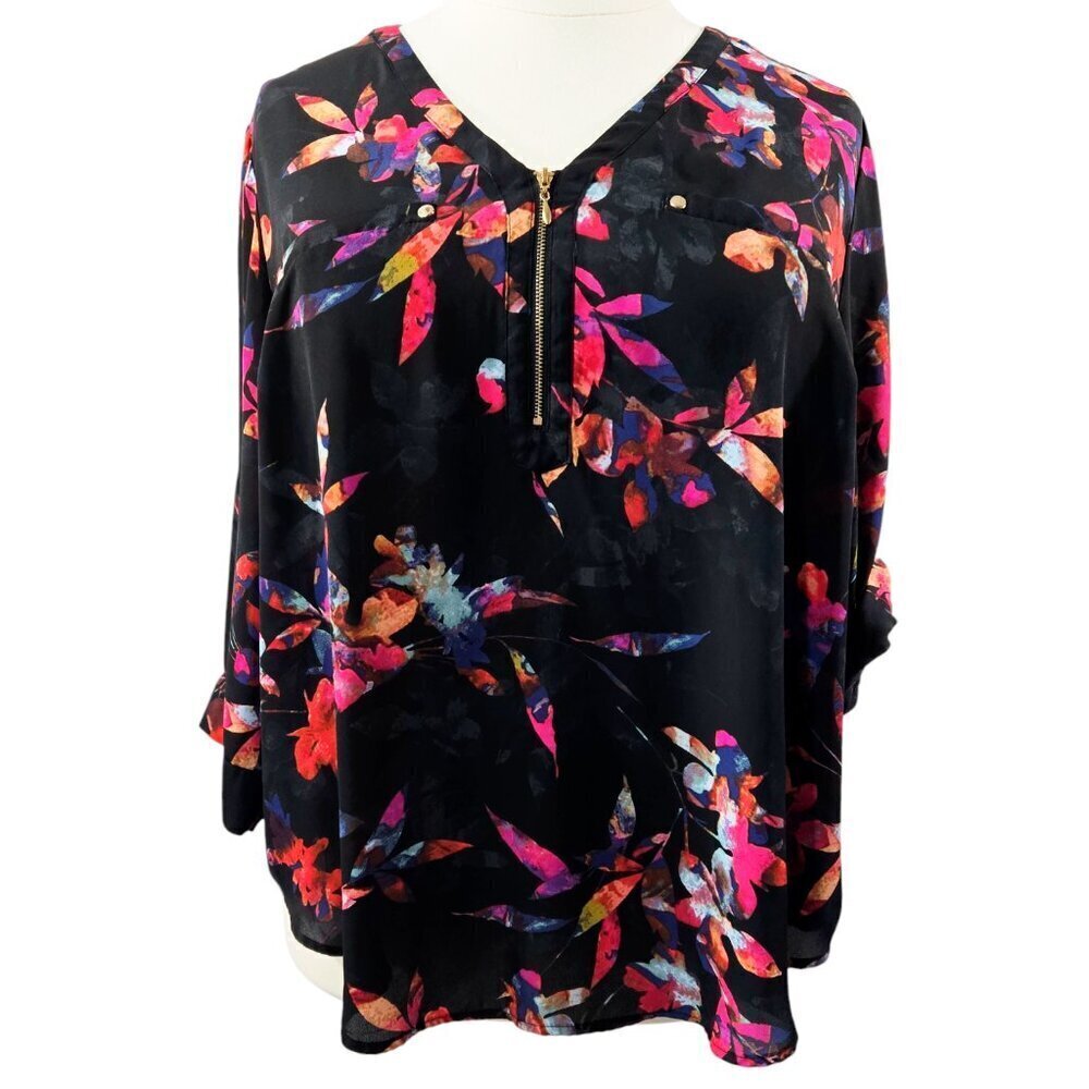 Torrid Harper Georgette Dark Floral Zip Collar Roll Tab Sleeve Blouse Romantic